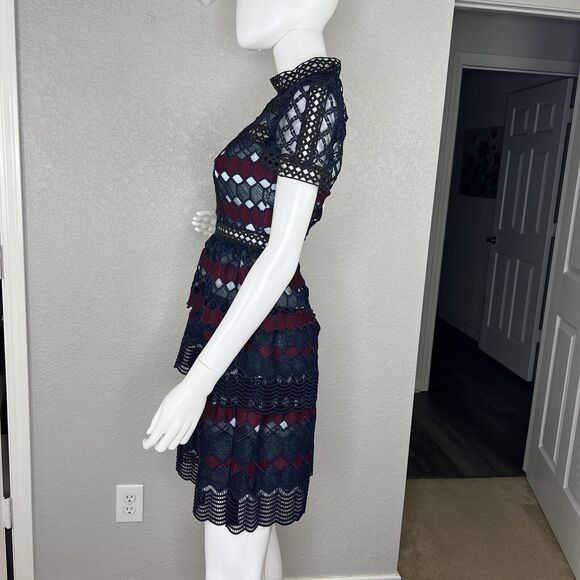 Renvy Size S Open Lace Fit and Flare Mini Dress Short Sleeve Red Navy High Neck - Picture 3 of 10